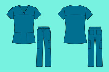 Unisex Teal Healthcare Uniform Set Technical Flat Sketch Front and Back View Outline