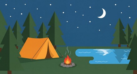 Fototapeta premium Night camping landscape scene with orange tent and bonfire near the lake under starry sky and crescent moon vector illustration