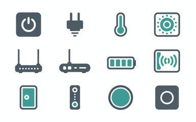 Smart home and iot technology icon set: power, network, temperature, security, and wireless control elements.