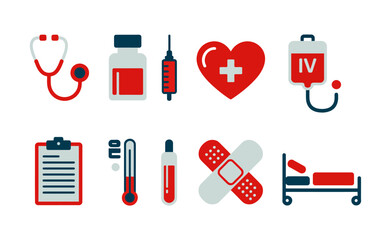 Comprehensive healthcare and medical flat vector icons set illustrating hospital equipment, diagnostic tools, and treatment elements.