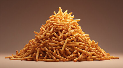 A tall pile of crispy golden French fries stacked in a vertical frame, showcasing crunchy texture, warm tones, and delicious comfort-food appeal. Perfect for food branding, menus, ads, or snack concep