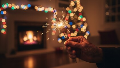 A sparkling firework illuminates warm holiday lights as someone captures a joyful seasonal moment