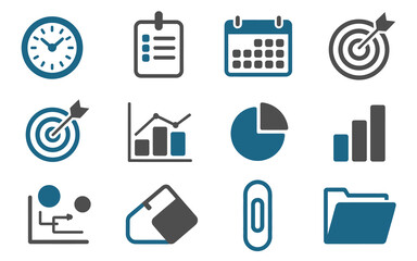 Essential business and productivity icon set illustrating time, tasks, schedule, goals, analytics, and organization