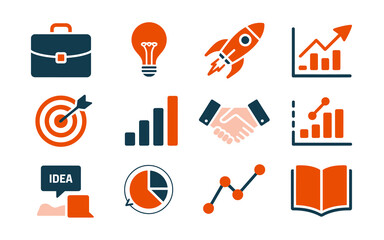 Business and finance vector icon set: briefcase, idea lightbulb, rocket launch, target, handshake, data charts, and growth symbols