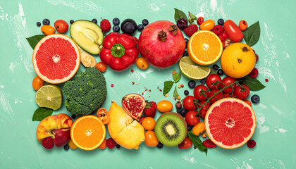 Assortment of Fresh Fruits and Vegetables Arranged on a Light Blue Surface healthy food