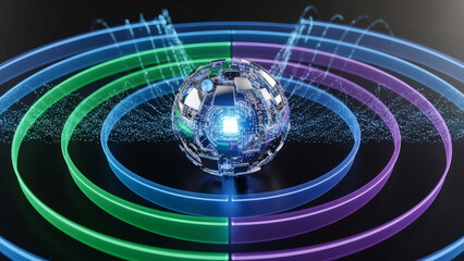 Abstract Digital Sphere Futuristic Design with Colorful Circular Waves and Technology Elements