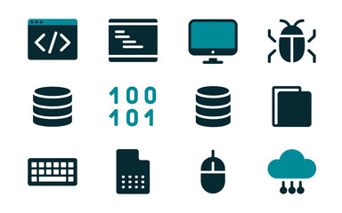 Modern flat design technology icons collection: software development, programming, database, binary, cloud computing, bug, keyboard, mouse