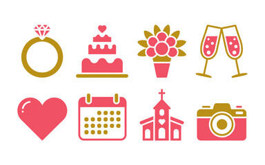 Wedding and celebration icon set featuring engagement ring, cake, flowers, champagne, heart, calendar, church, camera
