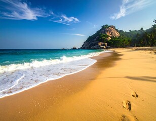 Scenic beach view with golden sand, turquoise ocean, rocky hill, and clear sky