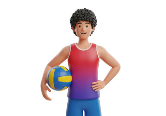 3d cartoon character athlete with curly hair holding a volleyball, isolated isolated on transparent background