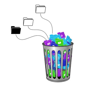Folders are being deleted and moved to the trash can isolated on transparent background, representing data loss and digital waste