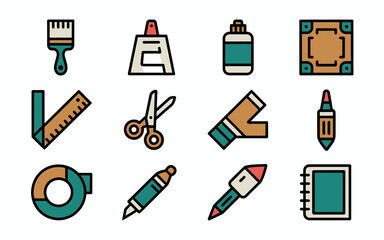 Vibrant flat design icons of art and craft essentials: paintbrush, glues, scissors, rulers, markers, tape, and notebook.