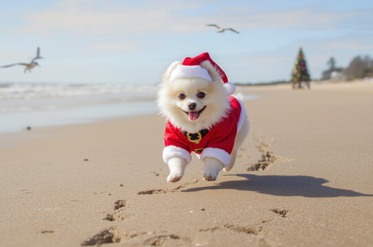 Happy dog in a santa outfit running on the beach in the sunlight.
