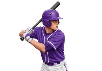 Young male baseball player in purple uniform with helmet and bat, ready to hit. isolated on transparent background