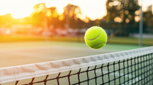 Tennis Ball Flying Over Net at Sunset on Outdoor Court