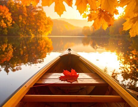 Scenic canoe view of autumn lake and sunlit trees. A single leaf rests on the wooden boat