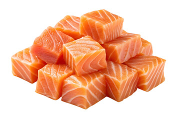 Pile of fresh raw salmon cubes isolated on white background