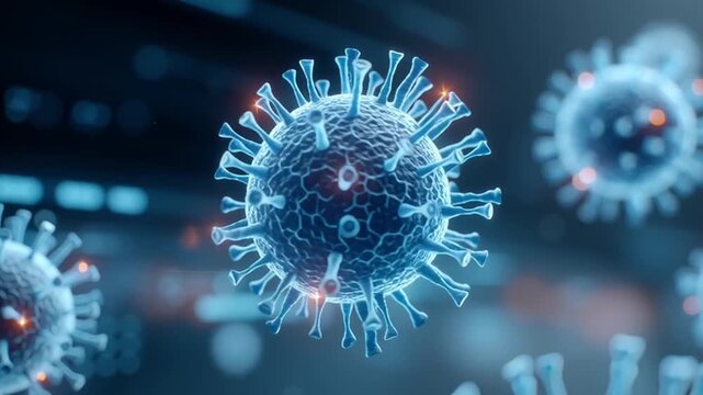 Digital illustration of virus, showcasing its intricate structure with spikes and spherical shape, set against blurred high tech background, emphasizing importance of understanding pathogens