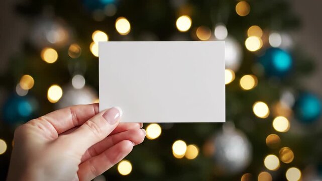 Human hand holding a blank white message card with blurred festive holiday lights and decorative ornaments