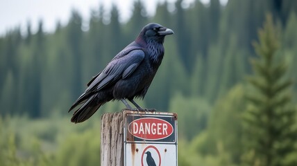Fototapeta premium Black raven perched on a danger sign in a forest