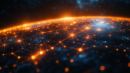 A captivating view of a glowing network representing global connectivity and advanced technology across the universe.