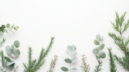 Eucalyptus and Pine Sprigs Arranged on White Background