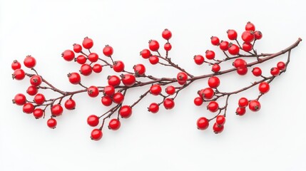 Festive red berries on thin branches against a white background
