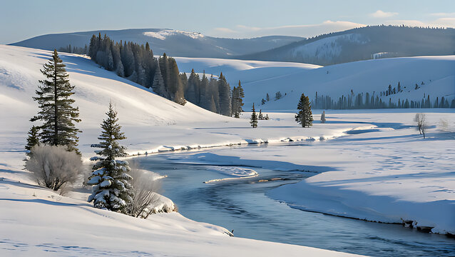 Beautiful winter night landscape with two majestic snowcovered trees on a snowy hill, a rustic wooden fence, and a clear, starfilled sky