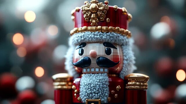 Colorful nutcracker figurine with festive background and bokeh lights
