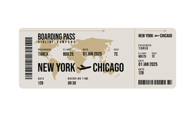Airline Ticket, Travel Pass with New York to Chicago Flight, World Map Design