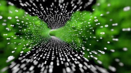 A dynamic view of code numbers streaming through a green digital tunnel, symbolizing data flow and technology innovation.