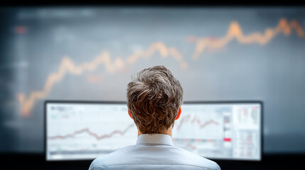 A focused individual analyzes financial data on multiple screens as market trends fluctuate, showcasing modern workspaces in finance.
