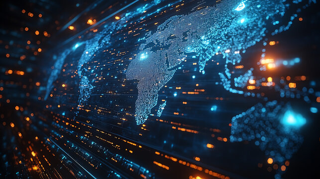 A high-tech digital world map with glowing data points and lines, illustrating global connections and modern technology trends. - Powered by Adobe