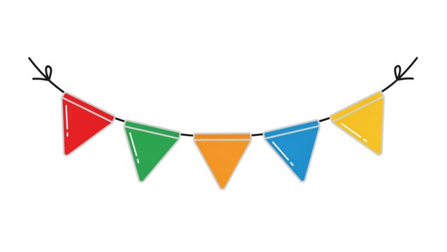A festive string of colorful triangular bunting flags in red green orange blue and yellow perfect for celebrations and parties