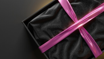 Black velvet box with pink holographic ribbon, ultra modern luxury gift, romantic love theme, elegant and stylish present for special occasions