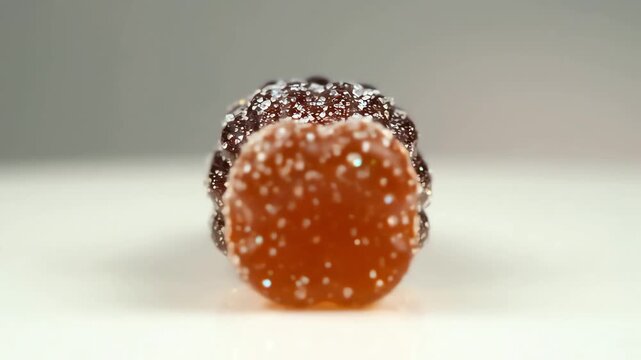 A Chewy Gummy Candy in the Shape of a Cola Bottle, Dusted with Sugar, Rotating, A Sweet and Playful Confectionery.