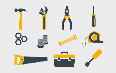 Naklejka premium Essential construction and repair tools set in flat design, featuring various hand instruments and hardware icons.