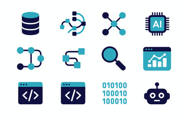 Modern technology data processing vector icon set including artificial intelligence, database, networking, and analytics.