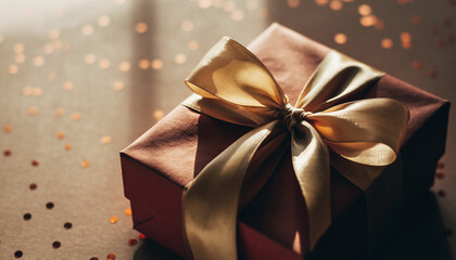 Elegant present with gold silk ribbon on textured paper background, subtle sparkle bokeh creates festive and warm atmosphere, perfect for celebration or special occasion gift