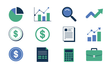 Business and finance analytics icons set, presenting charts, money, documents, tools for data analysis and reporting.