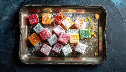 Assortment of Colorful Turkish Delight Candies Dusting of Powdered Sugar on a Vintage Silver Platter with a Dark Textured Background