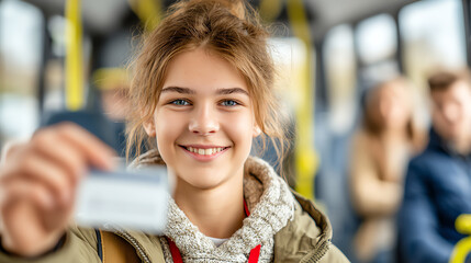 A smiling young girl on a bus shows her transit card, exemplifying youth and urban transportation in a vibrant setting.