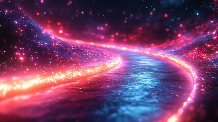 Obraz premium A vibrant and colorful abstract design showcasing a glowing river of light in a cosmic environment filled with stars.