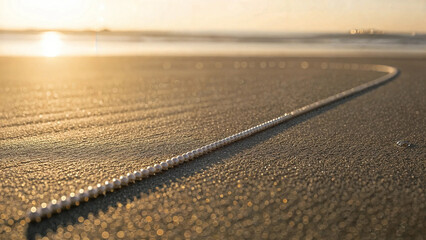 A string of white pearls laid out in a curve on wet sand at the beach during a golden sunset