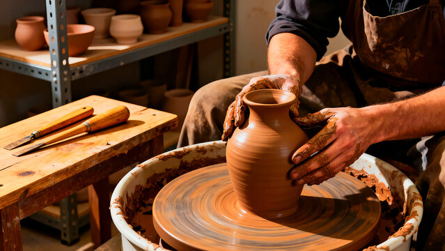 Pottery wheel ceramic art clay sculpting handmade craft artisan studio workshop creative skill traditional potter hands shaping vase earthenware terracotta artwork craftsmanship - Powered by Adobe