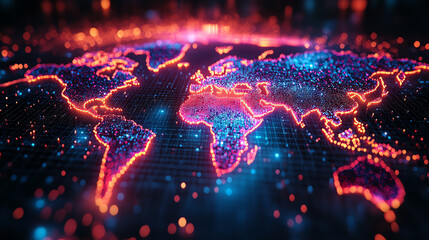 A vibrant digital world map illuminated with neon colors, showcasing global connectivity through data and technology.