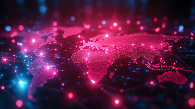 A vibrant digital map of the world, illuminated by colorful nodes and connections representing global networking and technology. - Powered by Adobe