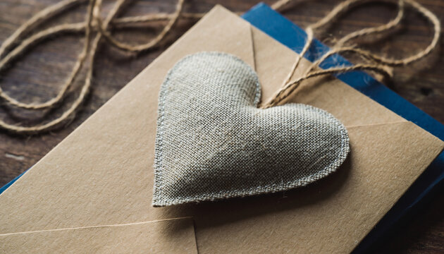 Linen heart ornament on eco greeting card, visible thread texture, rustic handmade decoration, natural fabric, twine, brown paper, cozy and warm atmosphere - Powered by Adobe