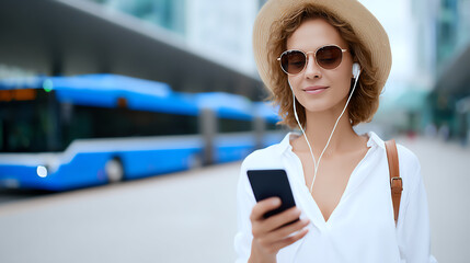 A young woman wearing sunglasses and headphones looks at her smartphone while waiting at a bus station in an urban setting.