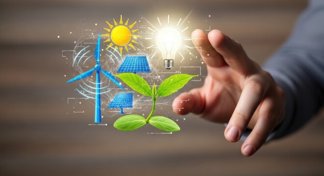 Hand reaching towards renewable energy icons and lightbulb.